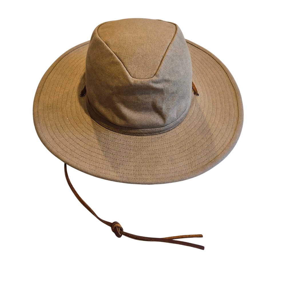 Brixton Messer Tan Canvas Fedora Wide Brim Hat with Leather Chin Strap Size M